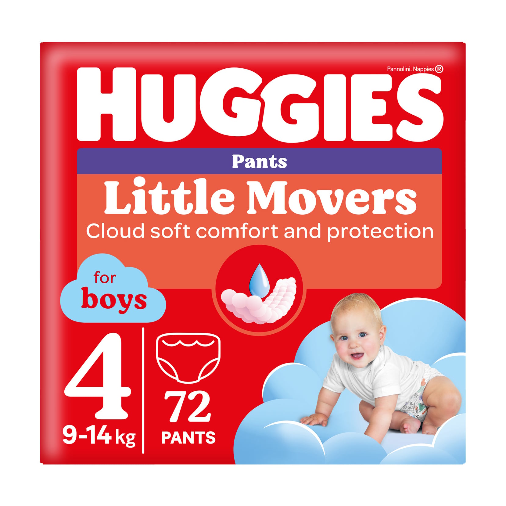Підгузки-трусики Huggies Little Movers Pants для хлопчиків, розмір 4 (9-14 кг), 72 шт
