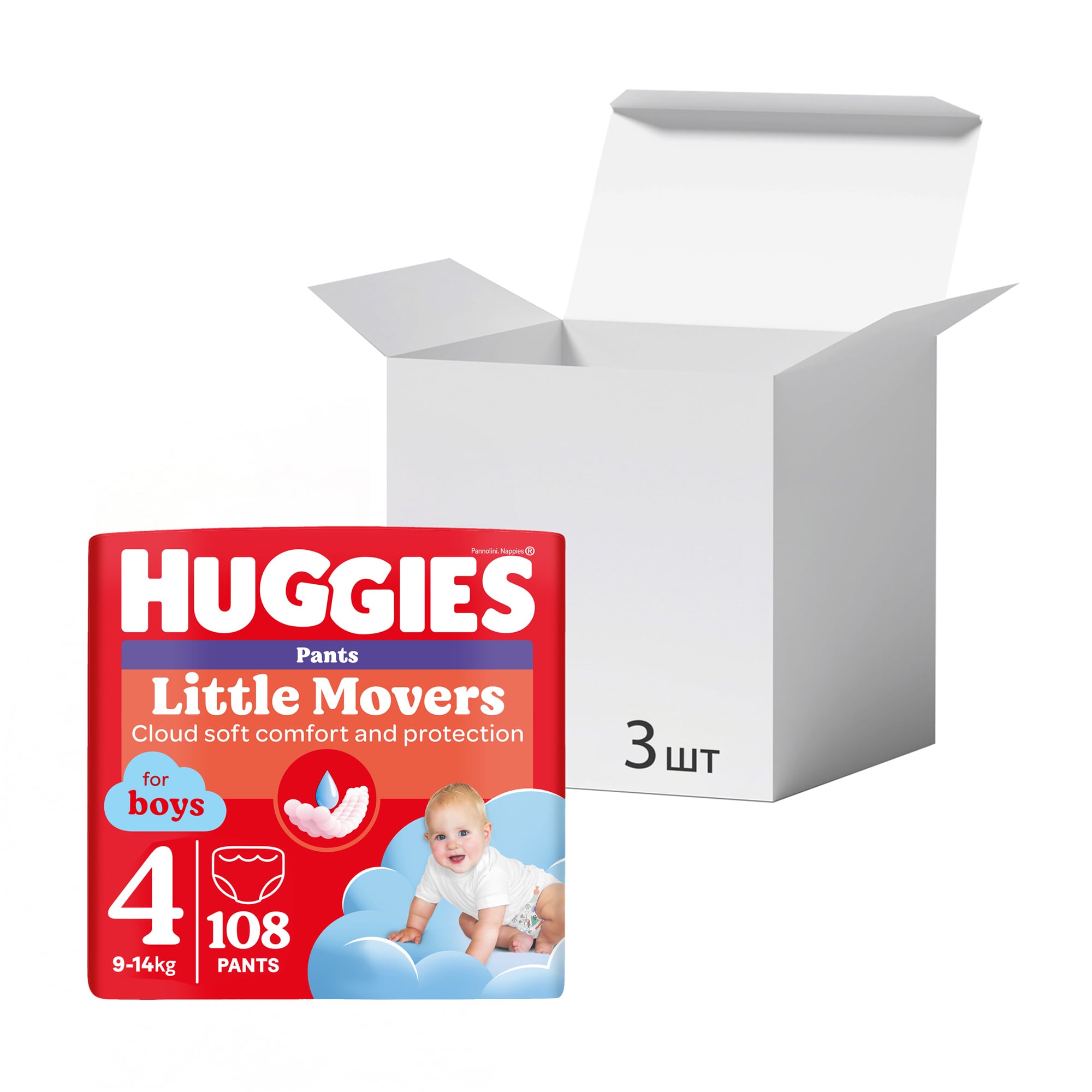 Упаковка підгузків-трусиків Huggies Little Movers Pants для хлопчиків, розмір 4 (9-14 кг), 36 шт * 3 шт