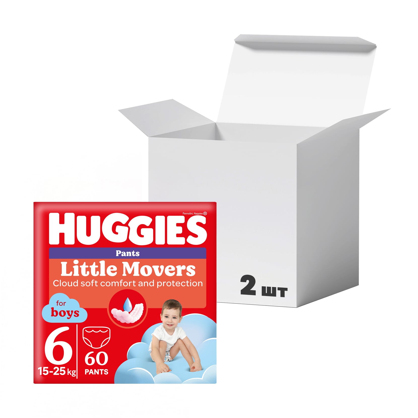 Упаковка підгузків-трусиків Huggies Little Movers Pants для хлопчиків, розмір 6 (15-25 кг), 60 шт * 2 шт